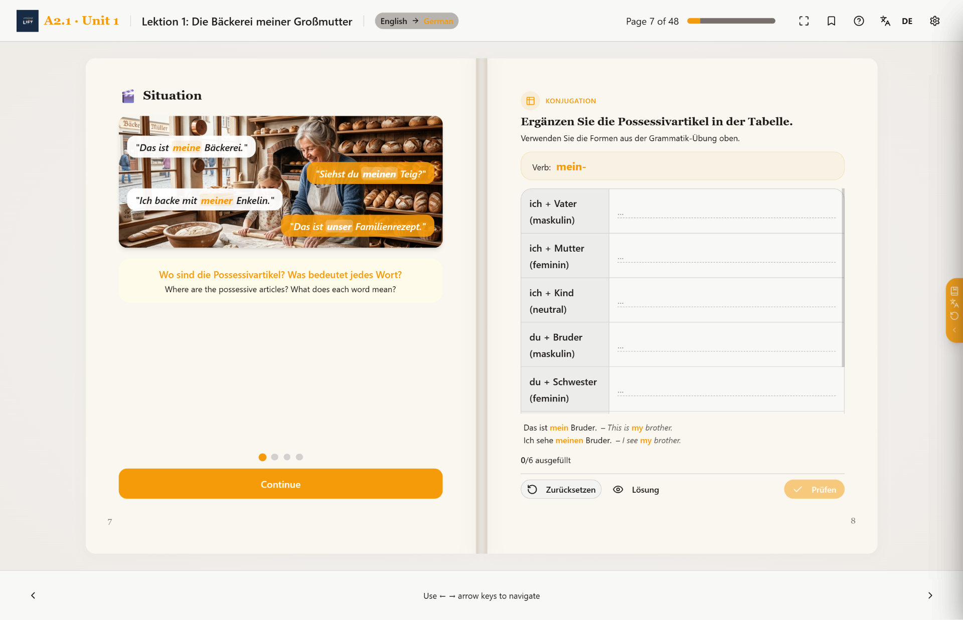 Language Lift desktop interface showing a German A2.1 lesson on possessive articles with an interactive conjugation table