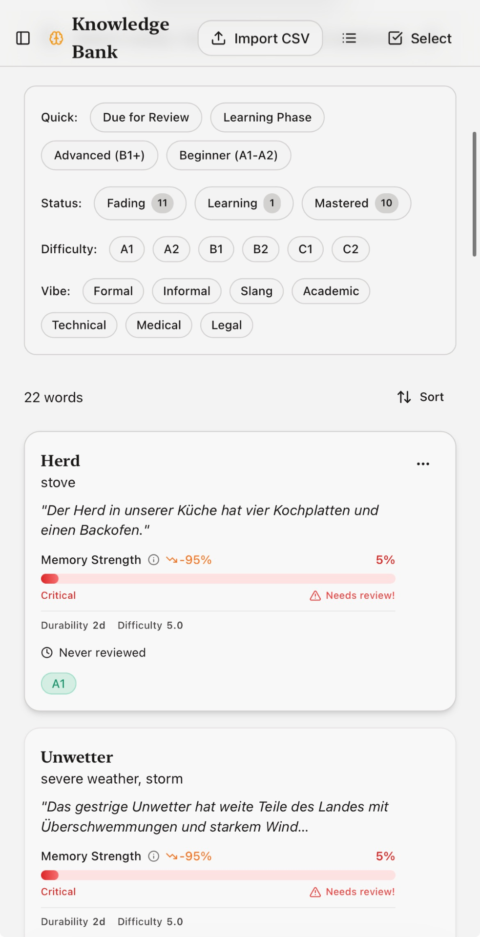 Language Lift Knowledge Bank on mobile showing spaced-repetition vocabulary with memory strength indicators